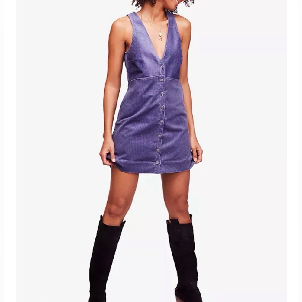 Free People Rolling Thunder Corduroy Mini Dress Button-Down Blue Large